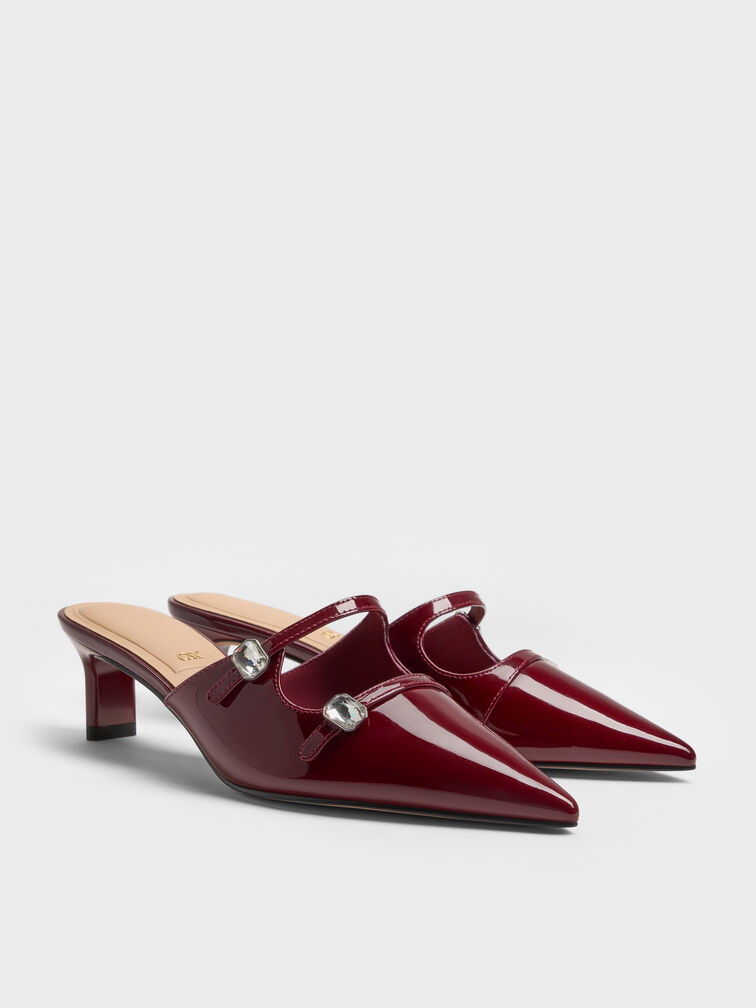 Patent Leather Gem-Buckle Pointed-Toe Heeled Mules, Burgundy, hi-res