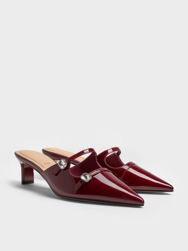 Patent Leather Gem-Buckle Pointed-Toe Heeled Mules, Burgundy, hi-res