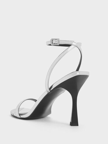 Metallic Cap Ankle-Strap Heeled Sandals, Silver, hi-res