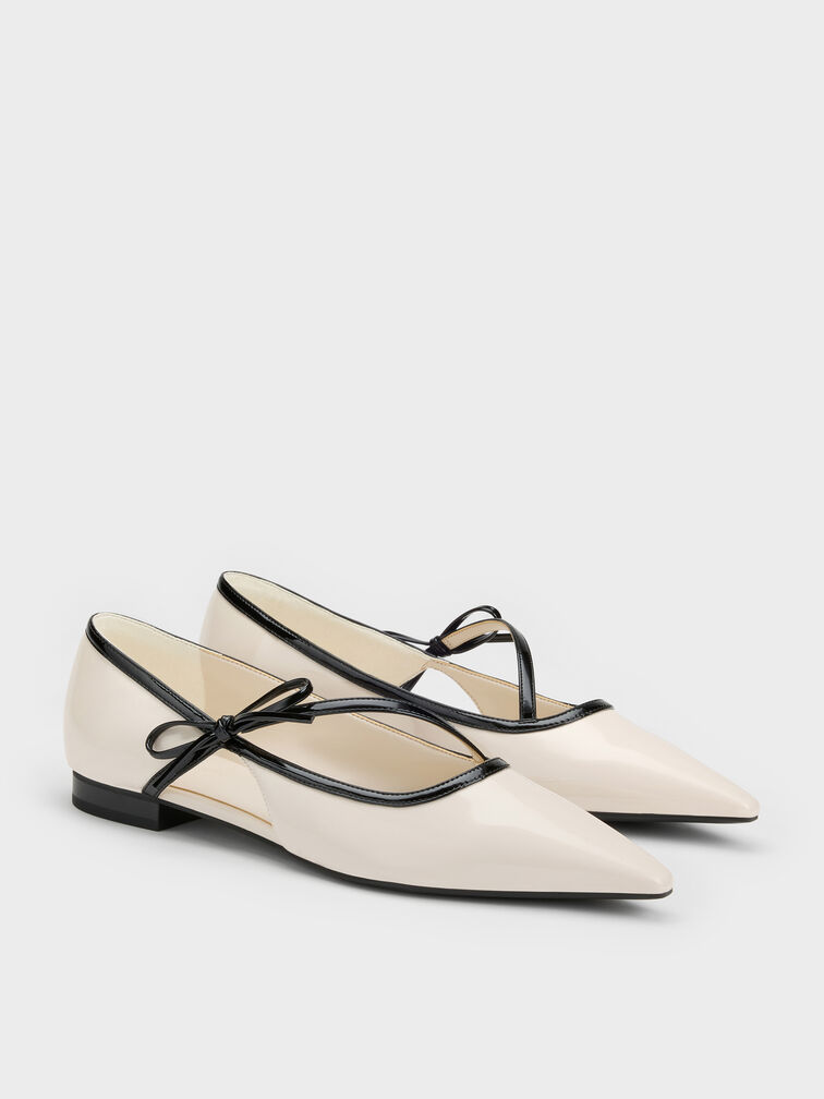 Patent Contrast-Trim Pointed-Toe Bow-Strap Flats, Chalk, hi-res