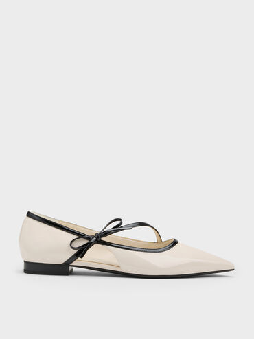 Patent Contrast-Trim Pointed-Toe Bow-Strap Flats, Chalk, hi-res