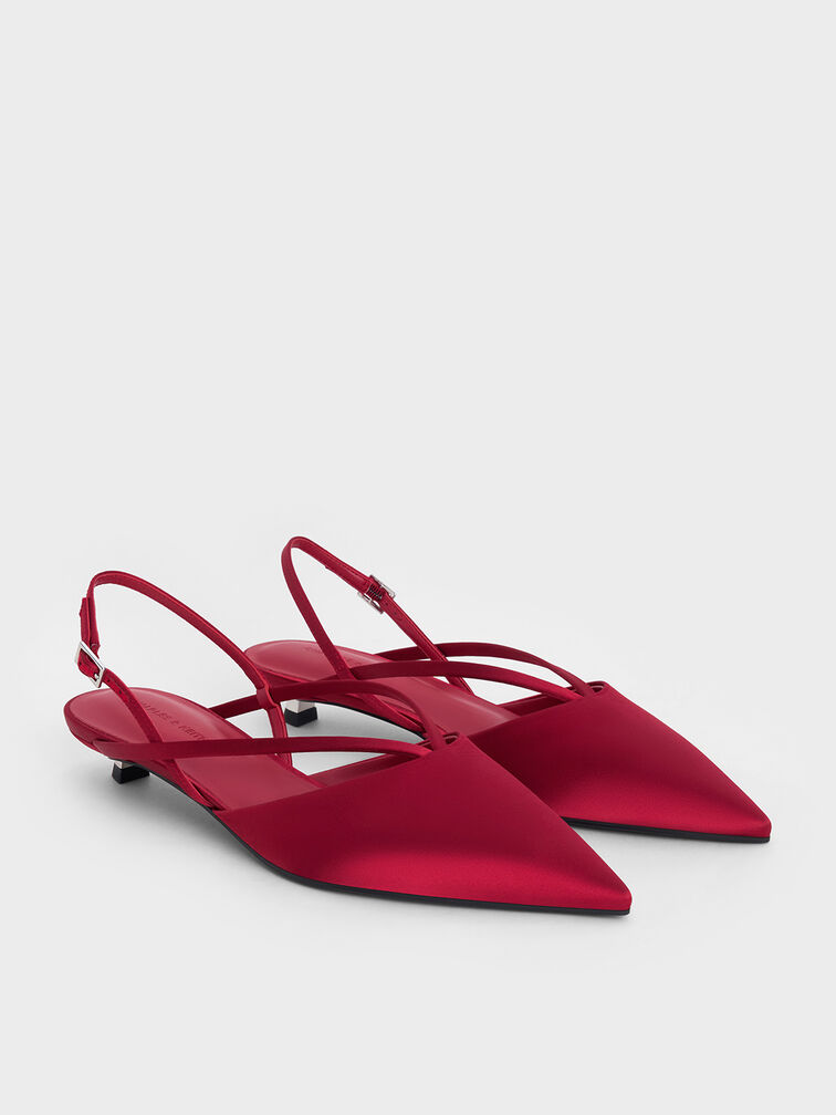 Satin V-Strap Pointed-Toe Slingback Kitten Heels, Red, hi-res