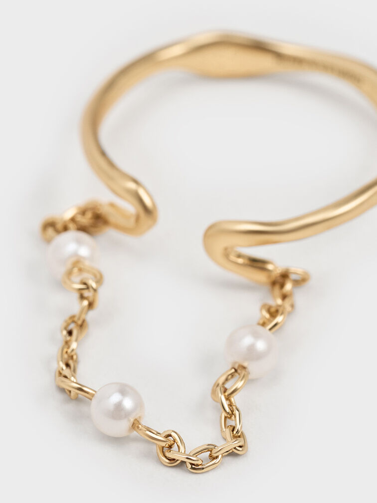 Corrine Pearl Chain-Link Double Ring, Brush Gold, hi-res
