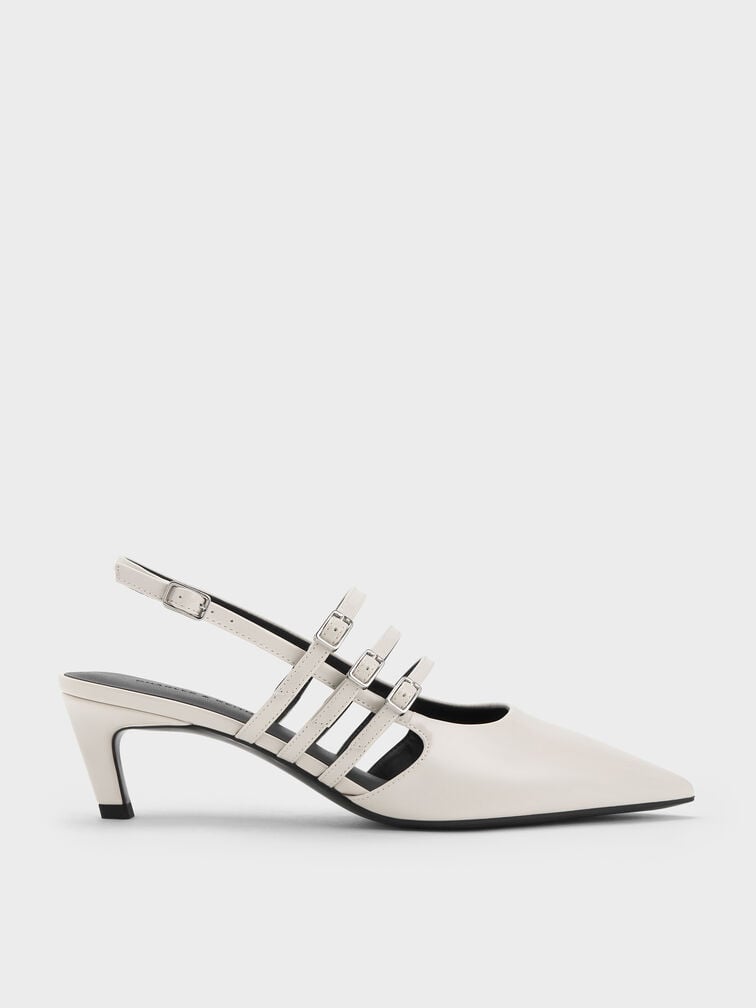 Triple-Strap Pointed-Toe Kitten-Heel Slingback Pumps, Chalk, hi-res