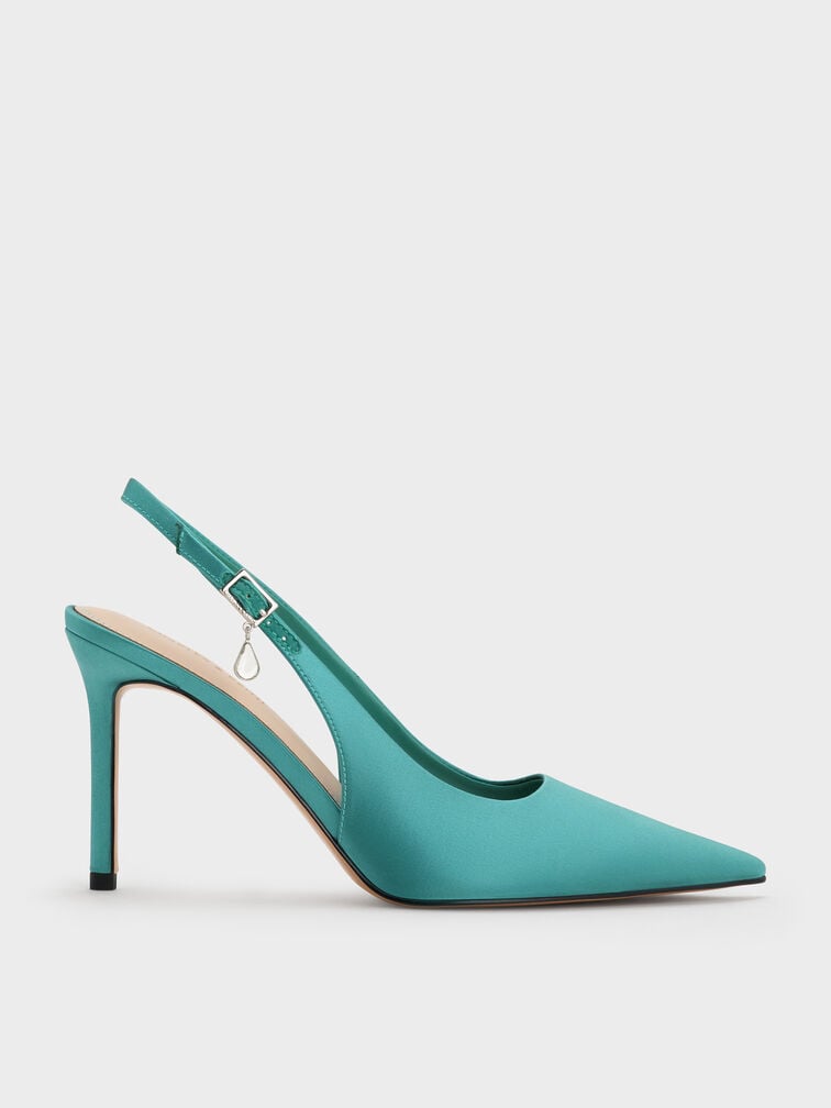 Satin Teardrop-Crystal Stiletto-Heel Slingback Pumps, Teal, hi-res