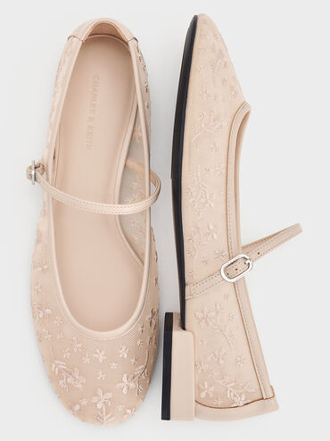 Gertrude Mesh Embroidered Floral Mary Janes, Nude, hi-res