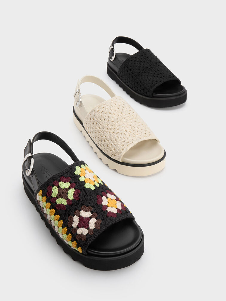 Crochet & Leather Slingback Sandals, สีชอล์ค, hi-res