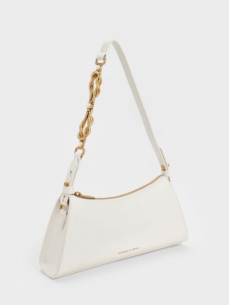 Metallic-Accent Strap Trapeze Bag, White, hi-res