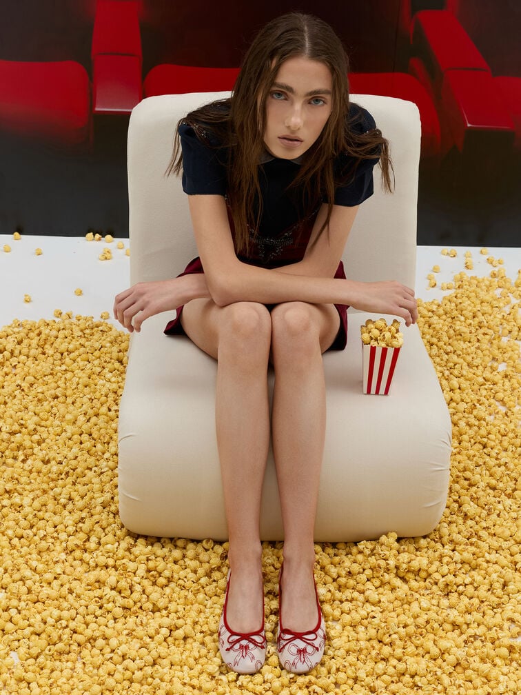 Embroidered-Mesh Bow Ballet Flats, Red, hi-res