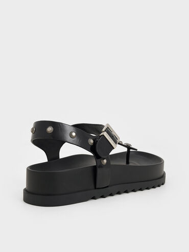 Studded Heart-Embellished Thong Sandals, Black, hi-res