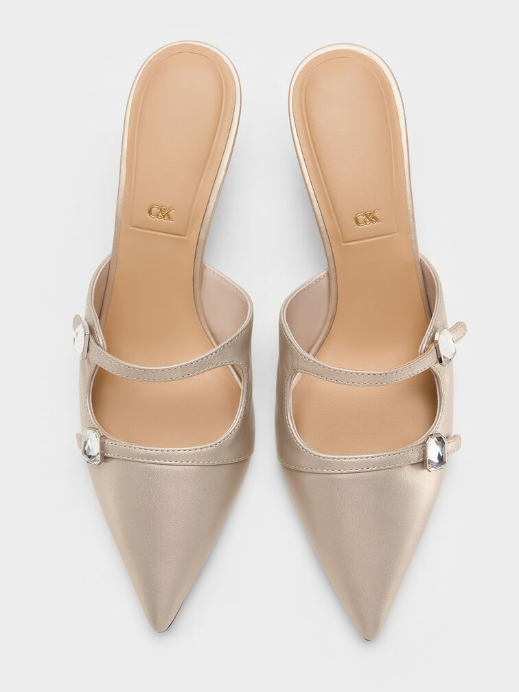 Pearlescent Leather Gem-Buckle Pointed-Toe Heeled Mules, Ivory, hi-res