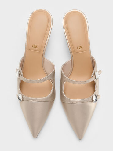Pearlescent Leather Gem-Buckle Pointed-Toe Heeled Mules, Ivory, hi-res