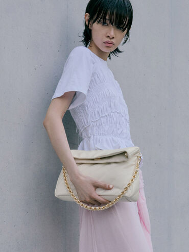 กระเป๋าสะพายไหล่ดีไซน์ลายเส้นพร้อมสายโซ่รุ่น Fawn, สีครีม, hi-res