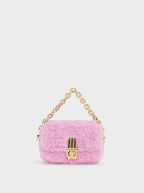 Enya Furry Chain-Handle Mini Bag, Pink, hi-res
