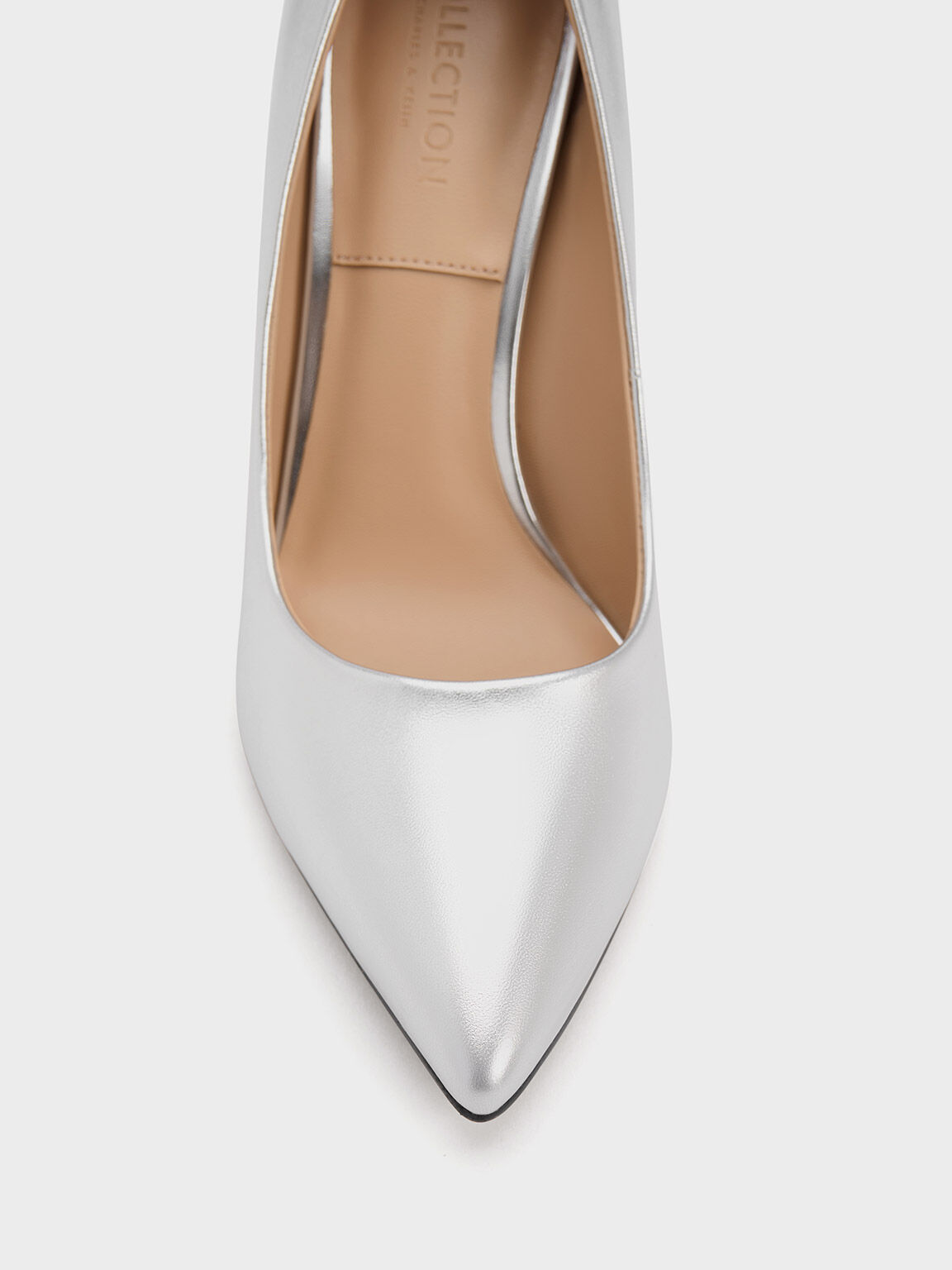Silver Metallic Leather Flare Heel Pumps CHARLES KEITH TH