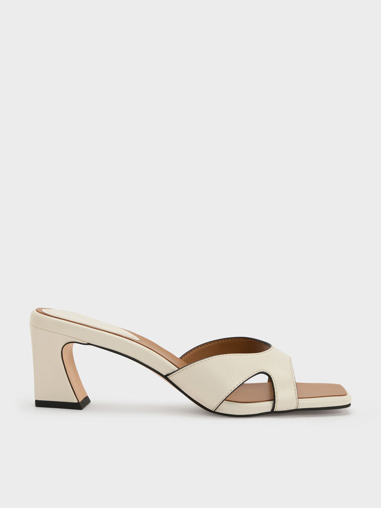 รองเท้าส้นสูงแบบเปิดส้นหัวรองเท้าแบบเหลี่ยมดีเทลคัตเอาท์, สีชอล์ค, hi-res