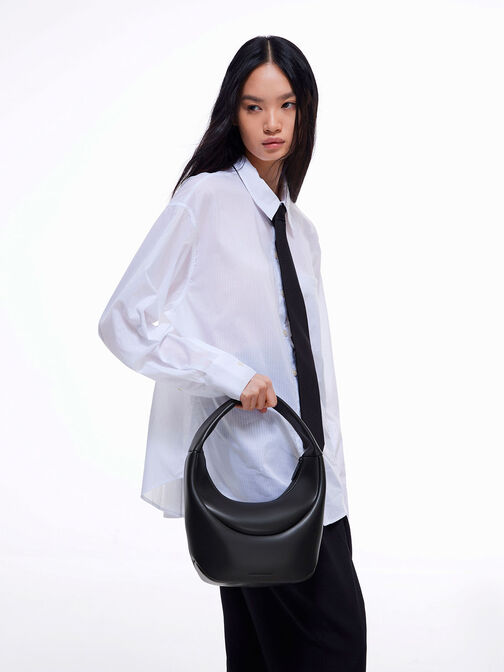 Elongated Curved Hobo Bag, สีดำ, hi-res