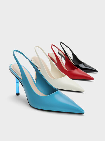 Cylindrical Metallic Heel Slingback Pumps, Red, hi-res