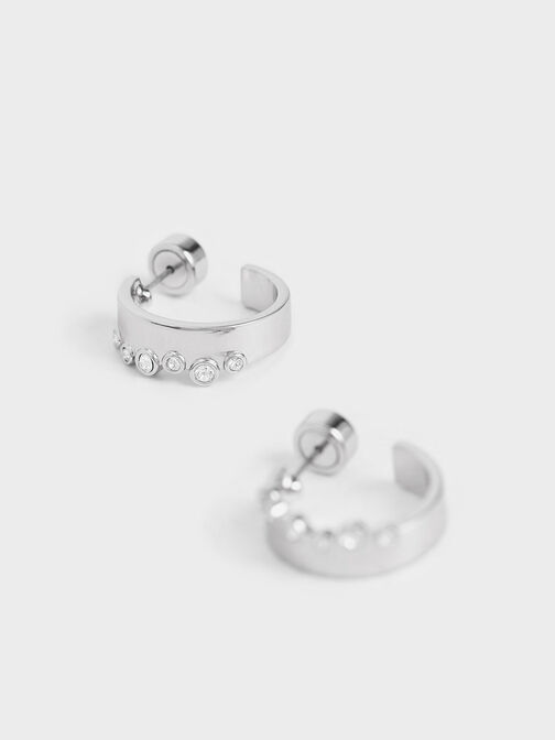 Swarovski® Crystal Studded Hoop Earrings, สีเงิน, hi-res