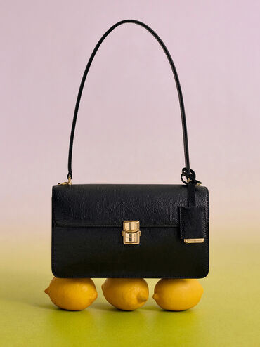 กระเป๋าสะพายไหล่ดีเทลสายโซ่และเกลียวเชือกรุ่น Acelynn, สีดำ, hi-res