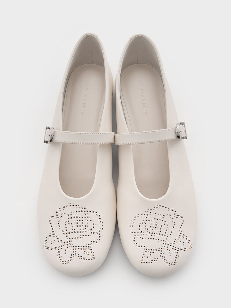 Perforated Rose High-Vamp Mary Janes, Chalk, hi-res