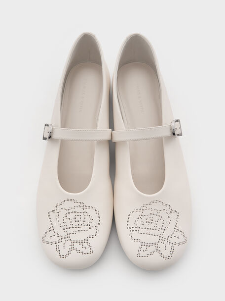 Perforated Rose High-Vamp Mary Janes, Chalk, hi-res