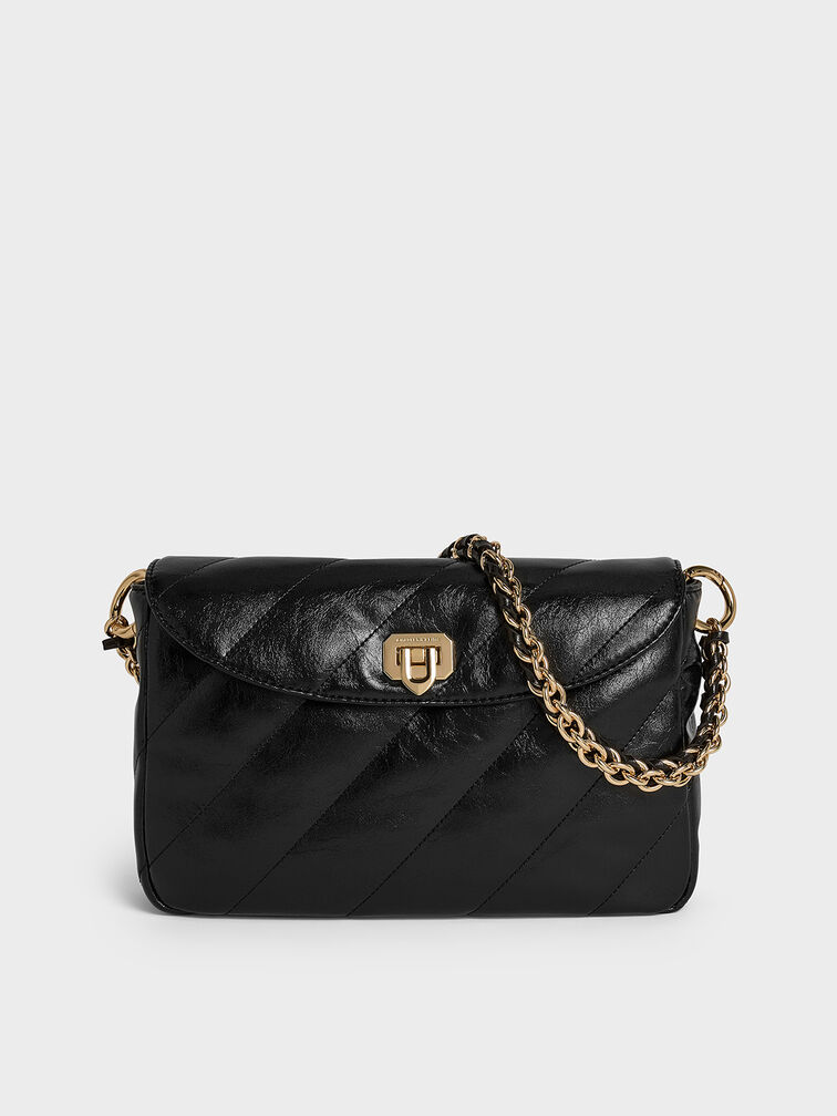 กระเป๋าสะพายไหล่ลายเส้นดีไซน์ที่ปิดด้านหน้ารุ่น Fawn, สีดำ, hi-res