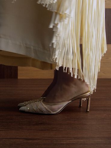 Mesh Metallic Sequinned Heeled Mules, Gold, hi-res