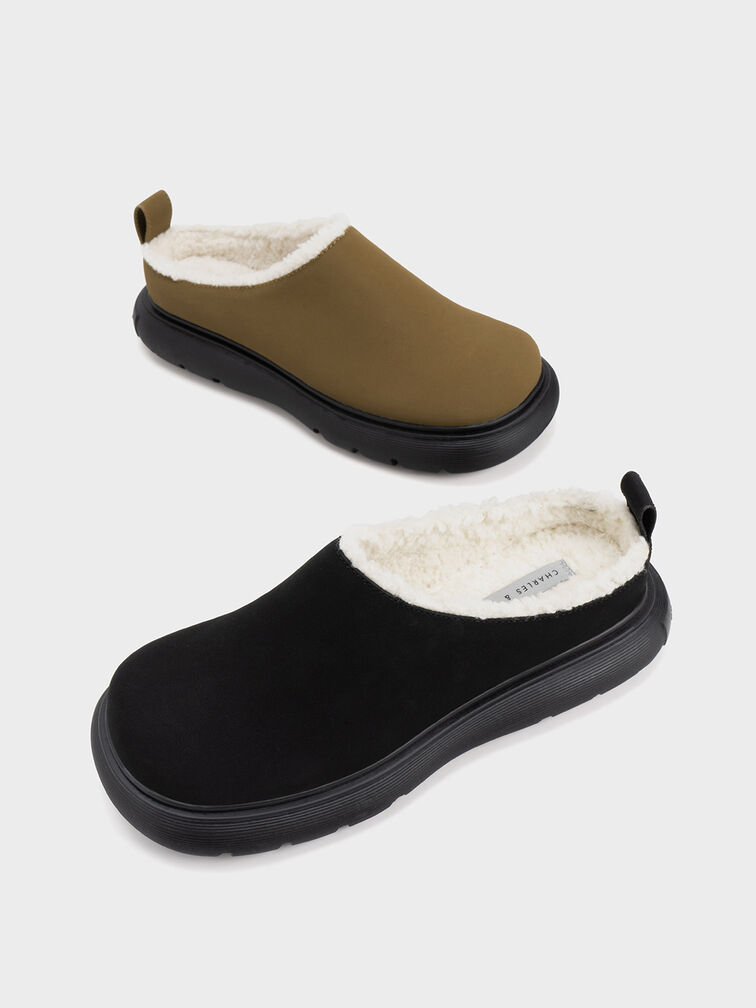 Fur-Trim Round-Toe Platform Mules, , hi-res