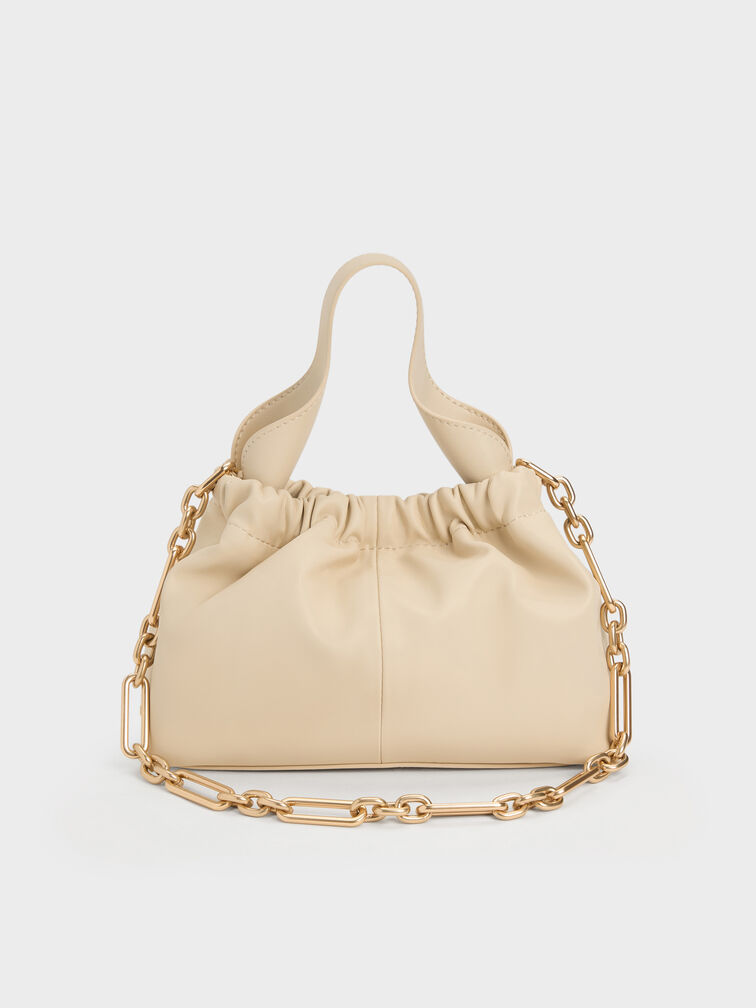 Ally Ruched Chain-Handle Bag, Beige, hi-res