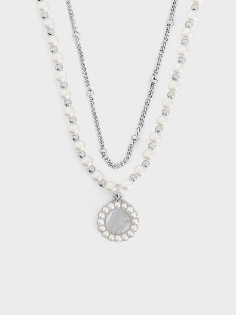 Pearl & Gemstone Double-Chain Necklace, Light Blue, hi-res
