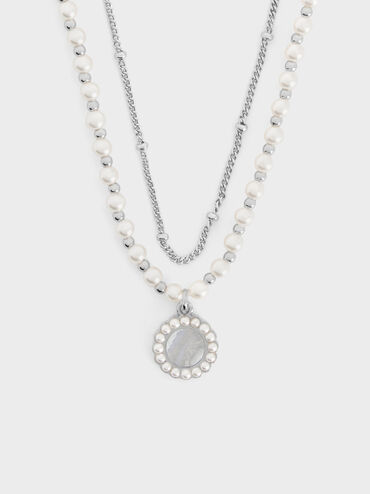 Pearl & Gemstone Double-Chain Necklace, Light Blue, hi-res