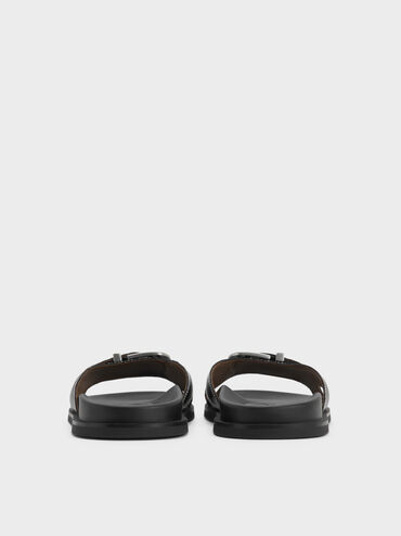 รองเท้าแตะแบบสวมดีไซน์สายคาดเท้าหัวเข็มขัดตกแต่งแบบเย็บขอบ, สีดำ, hi-res