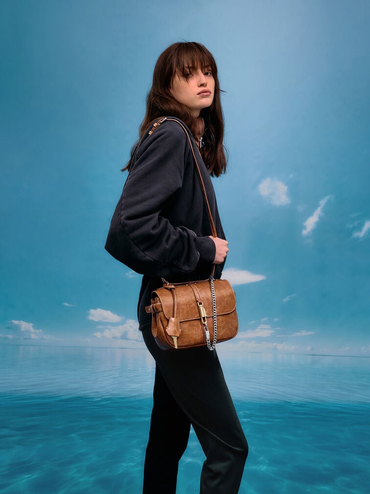 Delfina Chain Crossbody Bag, Distressed Tan, hi-res