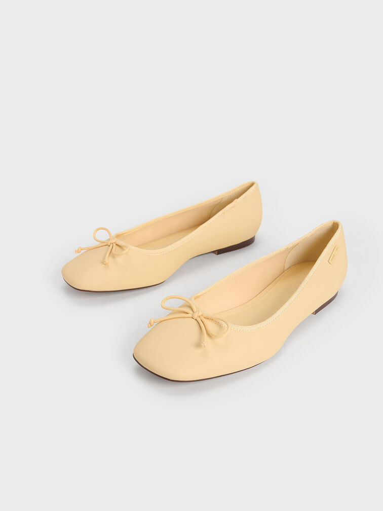 Rounded Square-Toe Bow Ballerinas, สีเหลือง, hi-res