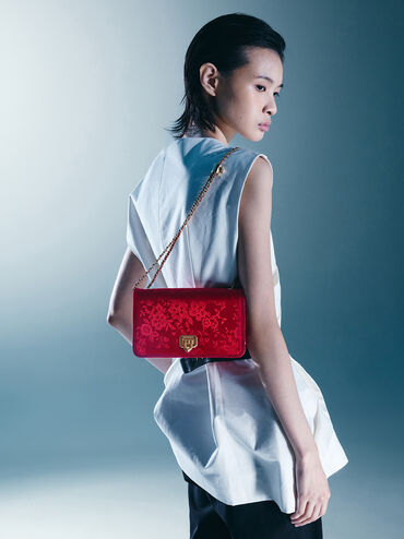 กระเป๋ามินิผ้าแจ็คการ์ด, สีคริมสันเรด, hi-res