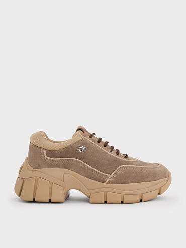 Yunna Suede & Recycled Fabric Chunky Sneakers, Taupe, hi-res