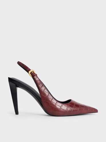 Croc-Effect Cone-Heel Pointed-Toe Pumps, Animal Print Red, hi-res