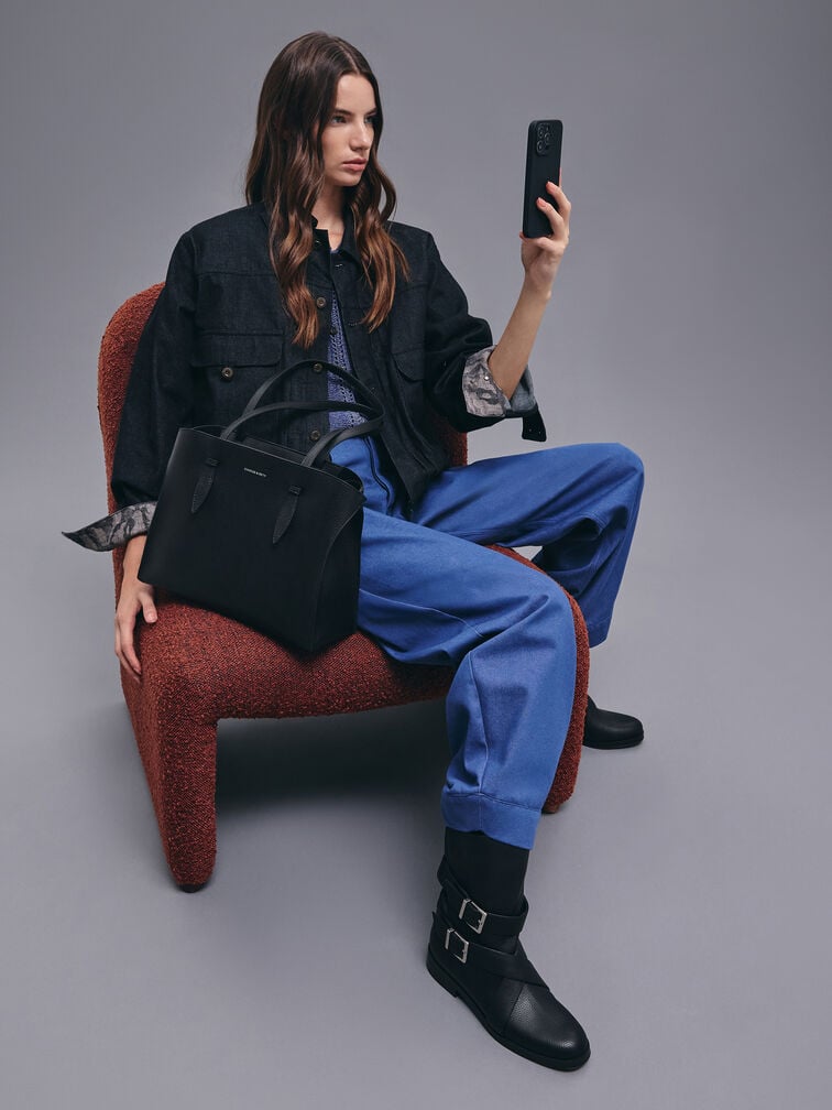 กระเป๋าโท้ทดีไซน์หูจับแบบยาวรุ่น Allyn, สีดำอะไหล่สีเงิน, hi-res