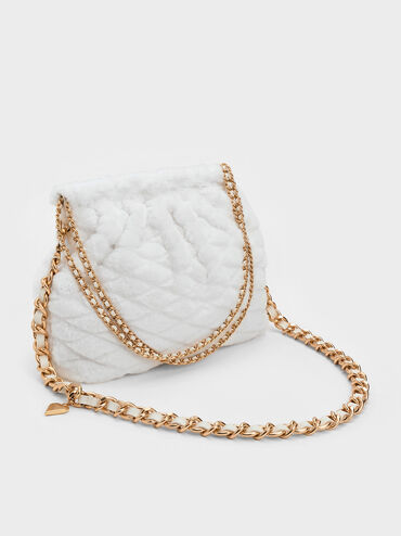 Duo Furry Chain-Handle Hobo Bag, White, hi-res