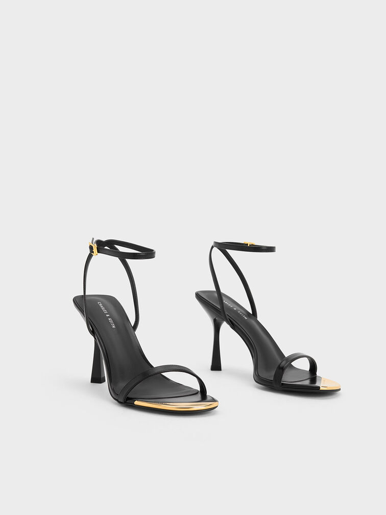Metallic Cap Ankle-Strap Heeled Sandals, สีดำ, hi-res