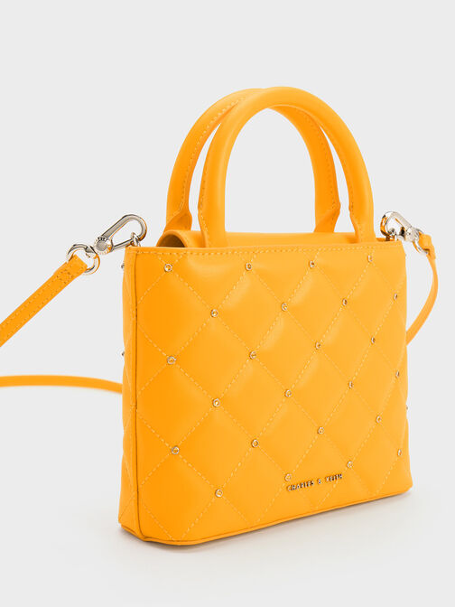 Gem-Embellished Padded Tote Bag, สีส้ม, hi-res