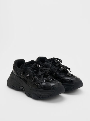 Gaskell Flower-Embellished Chunky Sneakers, Black, hi-res