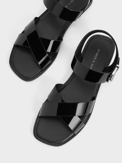 Patent Crossover Strap Sandals, หนังแก้วสีดำ, hi-res