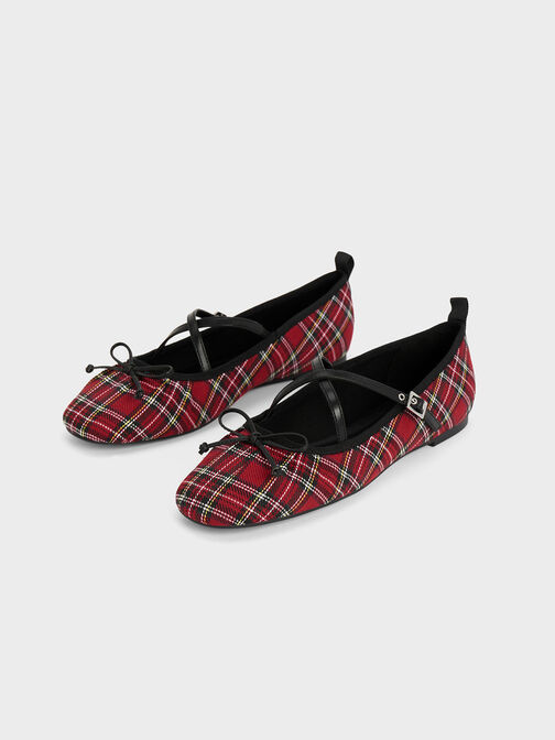 Tartan-Print Crossover-Strap Mary Jane Flats, สีแดง, hi-res