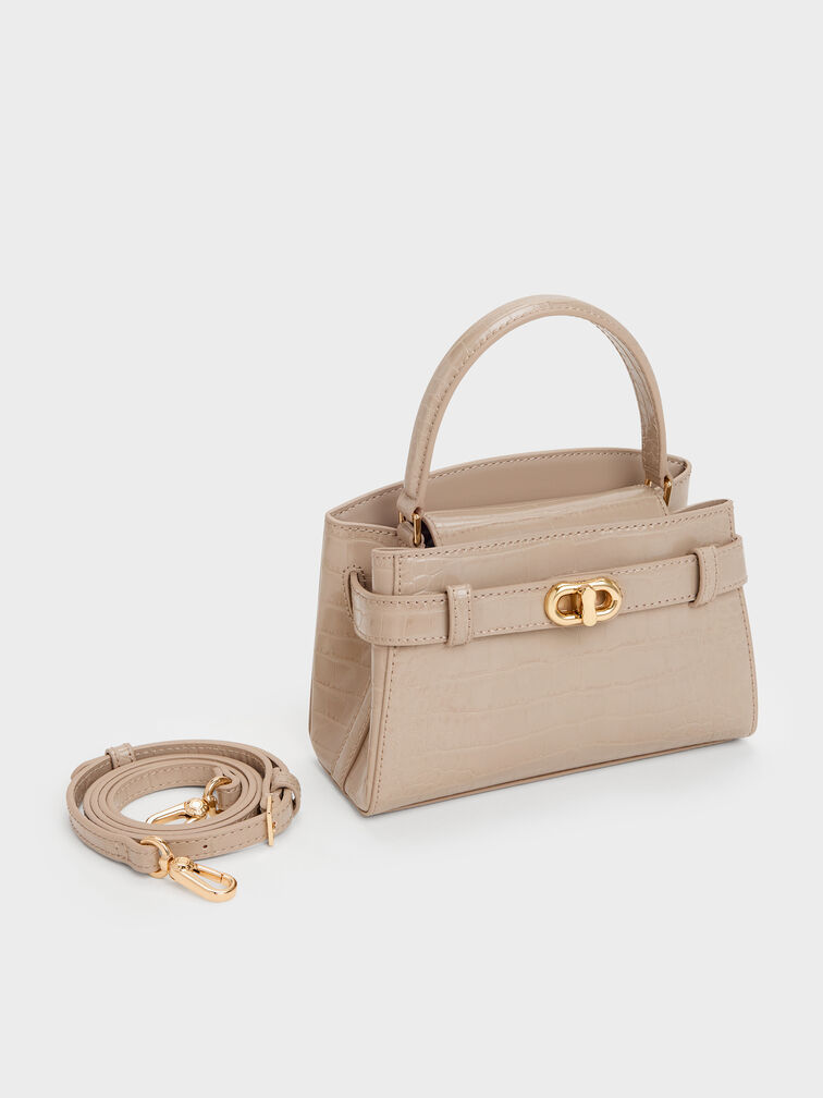 กระเป๋าถือเอฟเฟกต์ลายหนังจระเข้รุ่น Aubrielle, สีโทป, hi-res