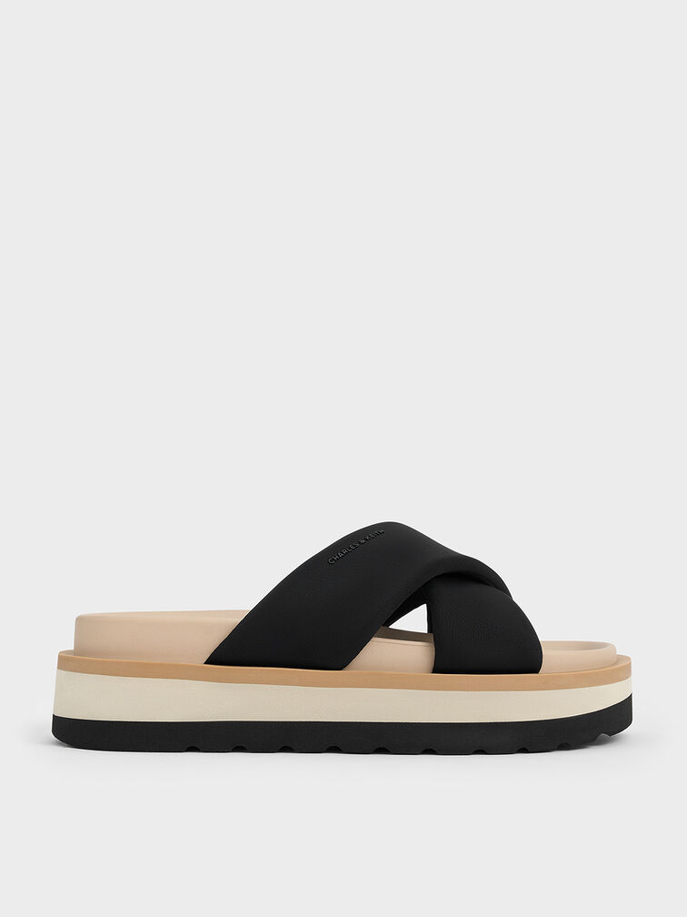 Crossover Platform Slide Sandals, Black, hi-res
