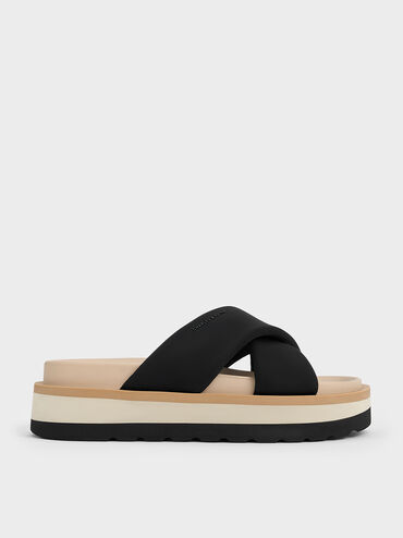 Crossover Platform Slide Sandals, Black, hi-res