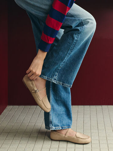 รองเท้าโลฟเฟอร์ทรงแมรี่เจนวัสดุหนังกลับสังเคราะห์รุ่น Gale, สีเบจ, hi-res