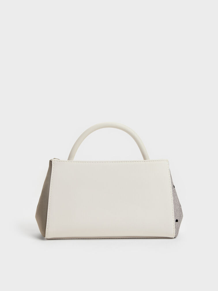 Hazel Heart-Print Bow Panelled Top Handle Bag, Taupe, hi-res